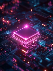 Fototapeta premium A purple light shines on the chip, which is reflected in an illustration of two small white squares stacked on top of each other. the background features circuit boards and dark blue tones