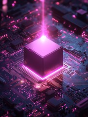 A purple light shines on the chip, which is reflected in an illustration of two small white squares stacked on top of each other. the background features circuit boards and dark blue tones