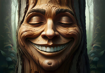 Sleepy Drowsy Smile Face in Tree Trunk Bark, Close up Vibrant Wood, Wooden Grain Details, Eyes, Mouth, Zoomed in Nature Illustration
