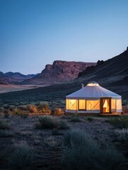 Cozy Glamping Yurt Under Stars in Desert Landscape at Dusk