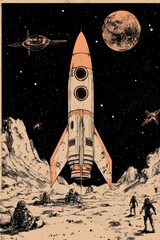 Naklejka premium A retro futurist illustration of a sci-fi rocket standing on a surface of an unknown planet, spacemen in the foreground, space station in the skies above