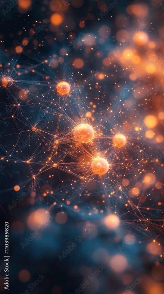 Poster a mesmerizing abstract representation of glowing particles interconnected by lines, creating a cosmi