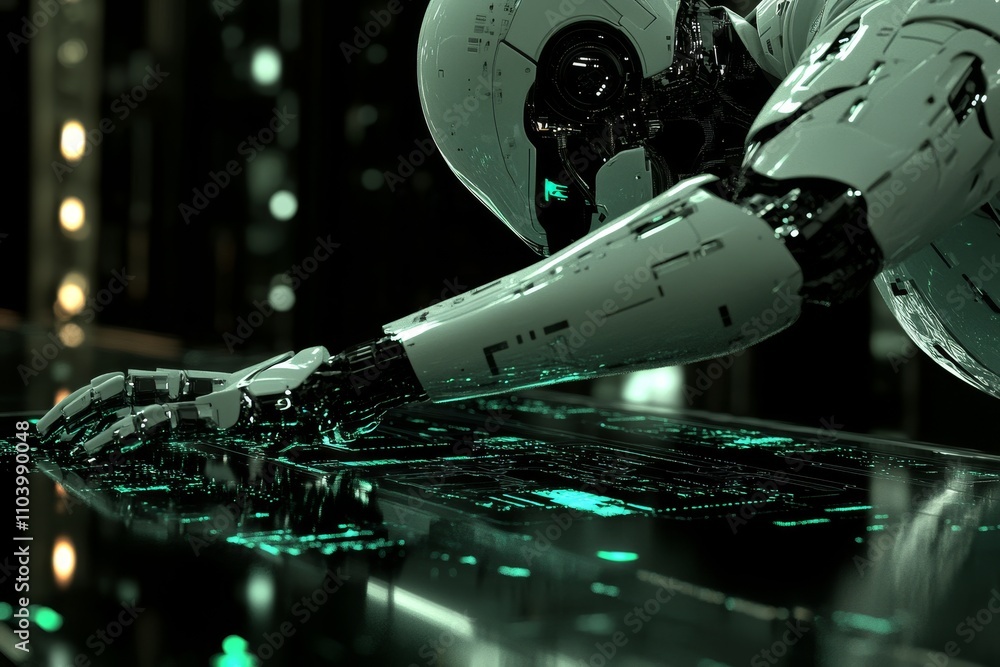 Aufkleber futuristic robot arm reaching towards a digital surface with neon green lights and a high-tech backg