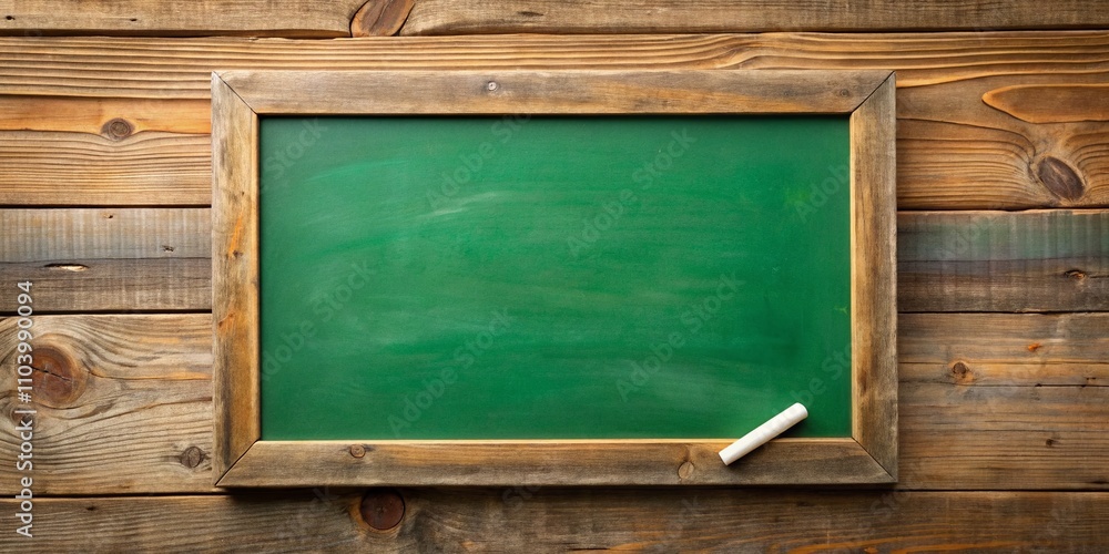 Poster wooden frame with empty green chalkboard and chalk traces on a rustic background, perfect for educat