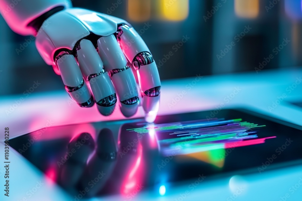 Aufkleber futuristic robot hand interacting with touchscreen display in neon environment showcasing advanced t