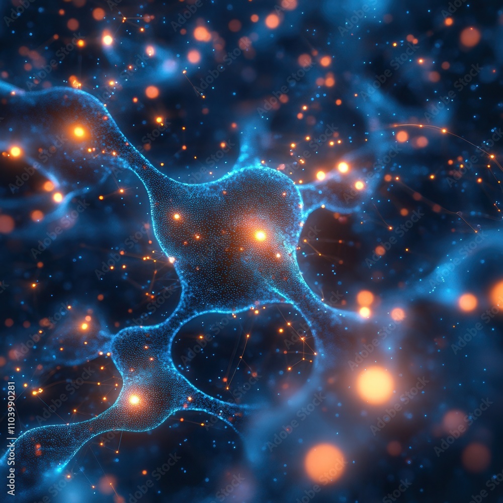 Poster a vibrant digital representation of neurons with glowing connections, depicting the complex network 