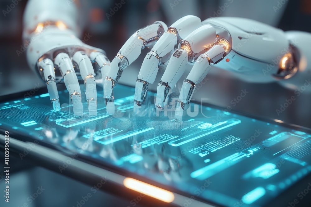 Aufkleber futuristic robot hands interacting with high-tech touchscreen display in a modern digital environmen