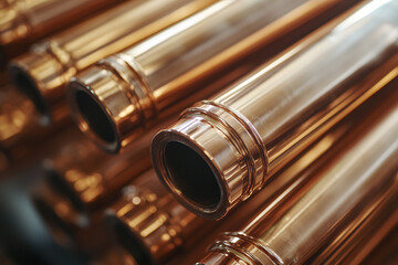 Naklejka premium Contemporary heating system installation, copper pipes arrangement, industrial detail.