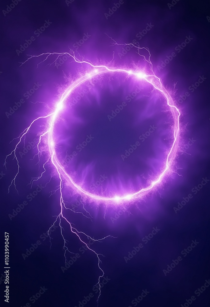 Poster purple abstract plasma lightning ring with glowing particles swirling in dark sky fantasy concept ar