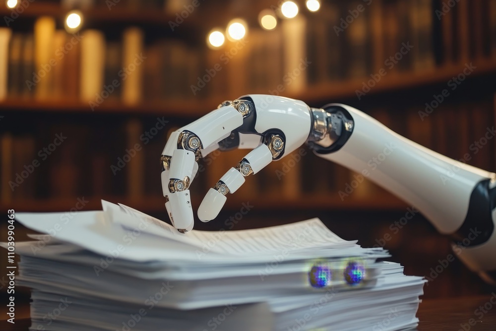 Poster futuristic robotic hand interacting with a stack of documents in a cozy library setting, showcasing 