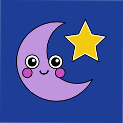 Night Sky with Stars and Crescent Moon Vector Illustration in Dreamy Style