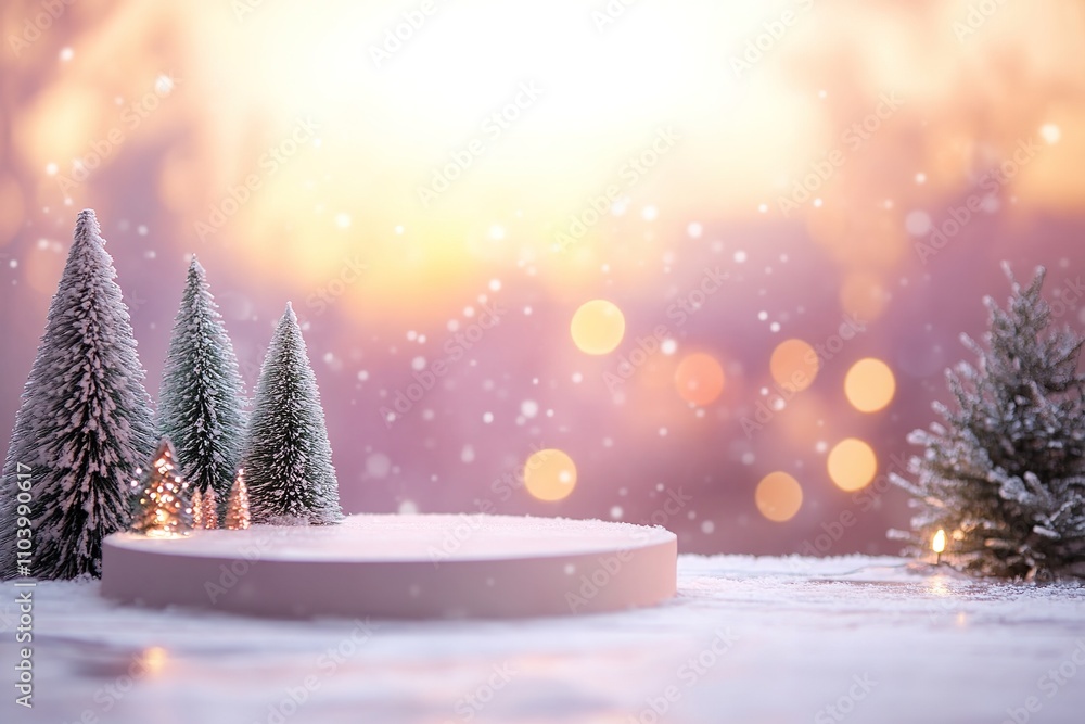 Poster miniature snowy trees on stand with bokeh lights