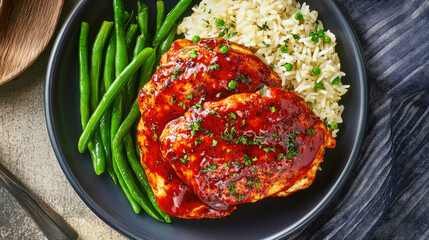 Spicy Cajun baked chicken with vibrant rice and green beans on a dinner plate