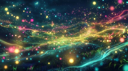 Fototapeta premium A whimsical, dreamlike landscape filled with countless glowing fireflies floating in the air, their ethereal light shimmering in vibrant, surreal colors