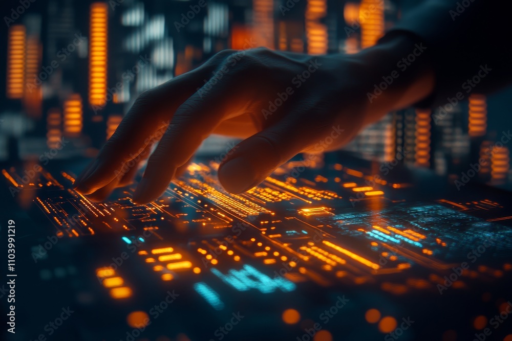 Poster futuristic technology concept with hand touching neon circuit board in dark environment emphasizing 