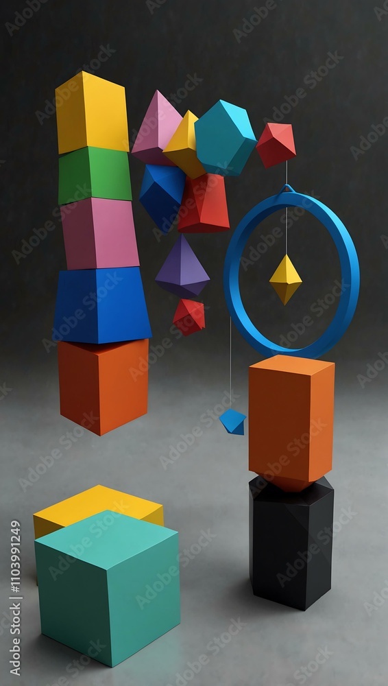 Poster 2d shapes transitioning into a fully 3d world.