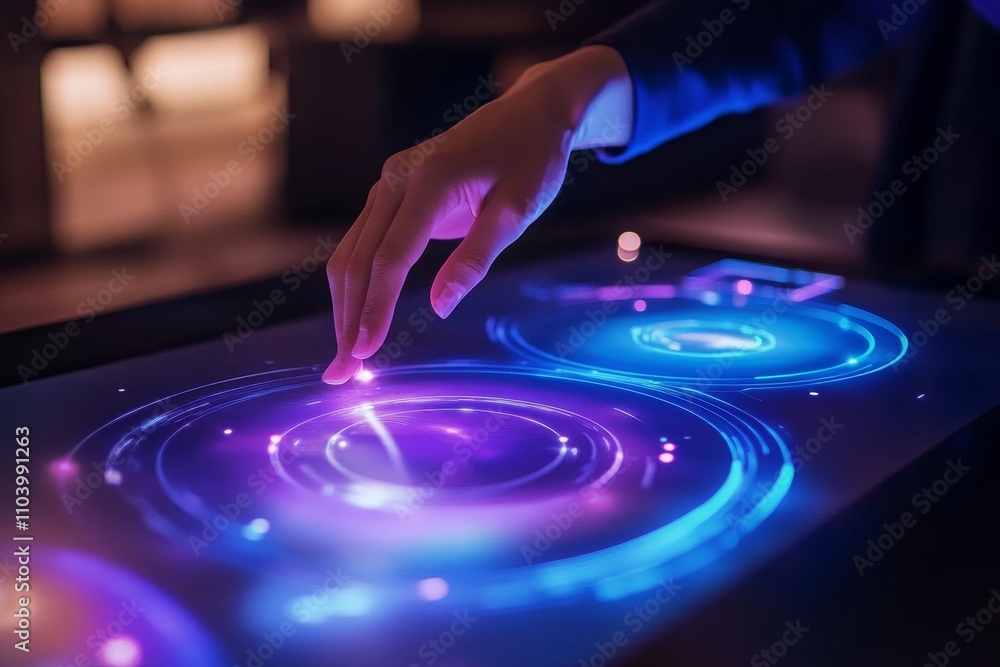 Poster futuristic technology interaction with touchscreen display featuring vibrant light effects and dynam