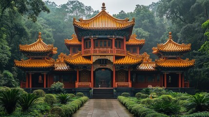 Fototapeta premium A traditional Asian-style building surrounded by lush greenery in a misty forest.