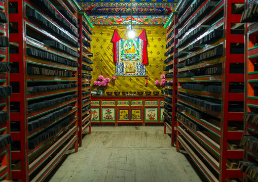 Tibetan scriptures printed from wooden blocks in Barkhang library, Gansu province, Labrang, China
