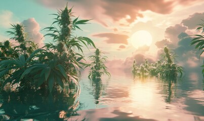 Serene Cannabis Plants at Sunset on Water