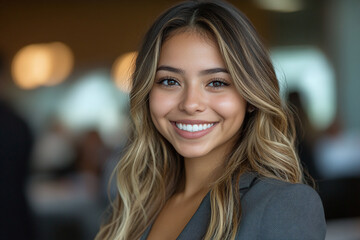 Smiling young beautiful latina college student or entrepreneur in business class.