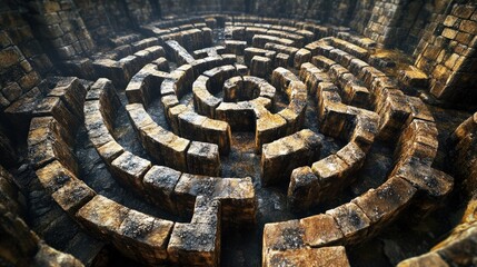 medieval stone labyrinth. background of a stone ancient labyrinth among the ruins