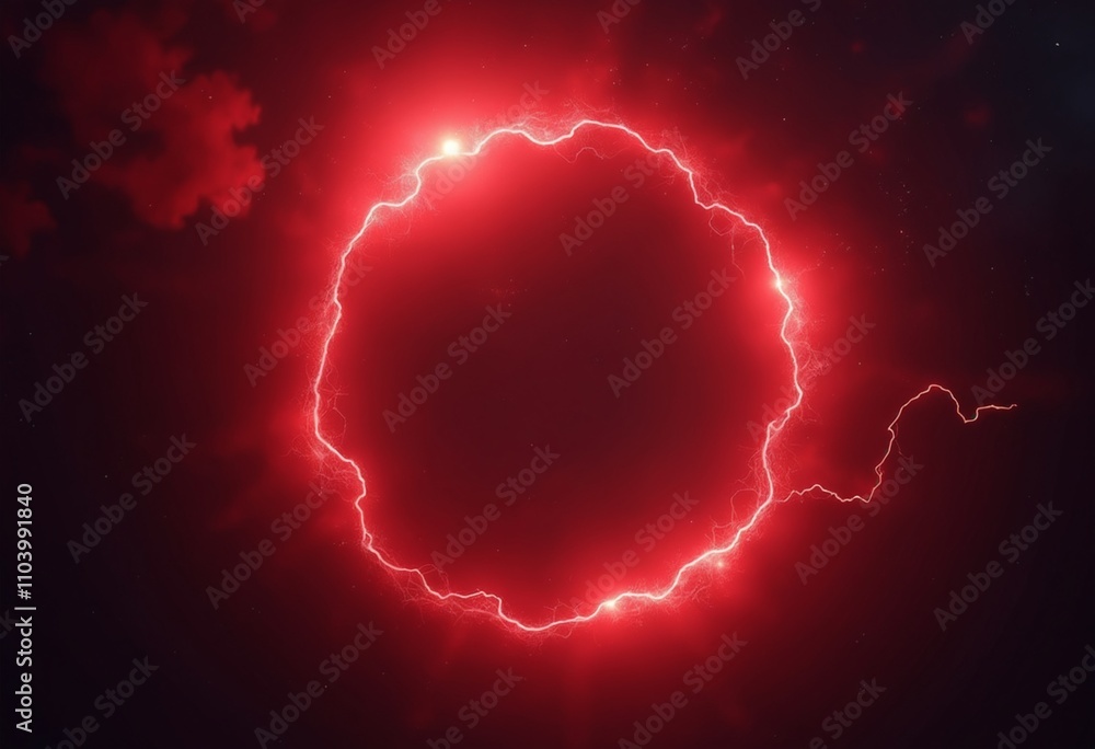 Poster red abstract plasma lightning ring with glowing particles swirling in dark sky fantasy concept art