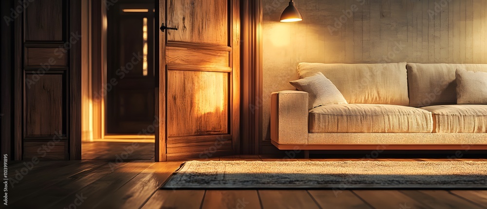 Poster cozy and inviting living room with natural light streaming through open doorway creating a warm atmo
