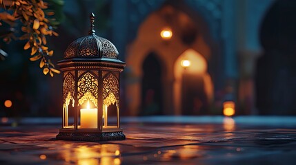 Muslim Holy Month Ramadan Kareem - Hias Arab Lantern Dengan Burning Candle Glowing At Evening 