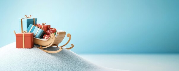 Christmas visual snow banner, A festive sleigh filled with colorful gifts rests atop a snowy mound against a soft blue background, evoking a cheerful holiday spirit.