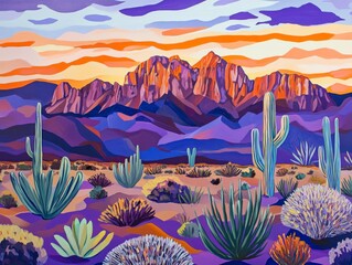 An oil painting of the superstition mountains in arizona, with cacti and shrubs on the flat ground, purple mountains with orange accents, and sunset lighting.