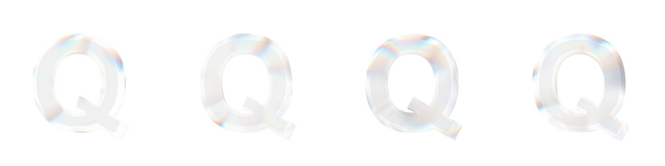 Set of 4 3d letter Q with glass distortion effect isolated on a transparent background. 3d transparent elements for graphic design.