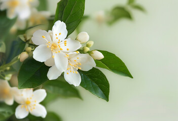White flower with green leaves on a branch.