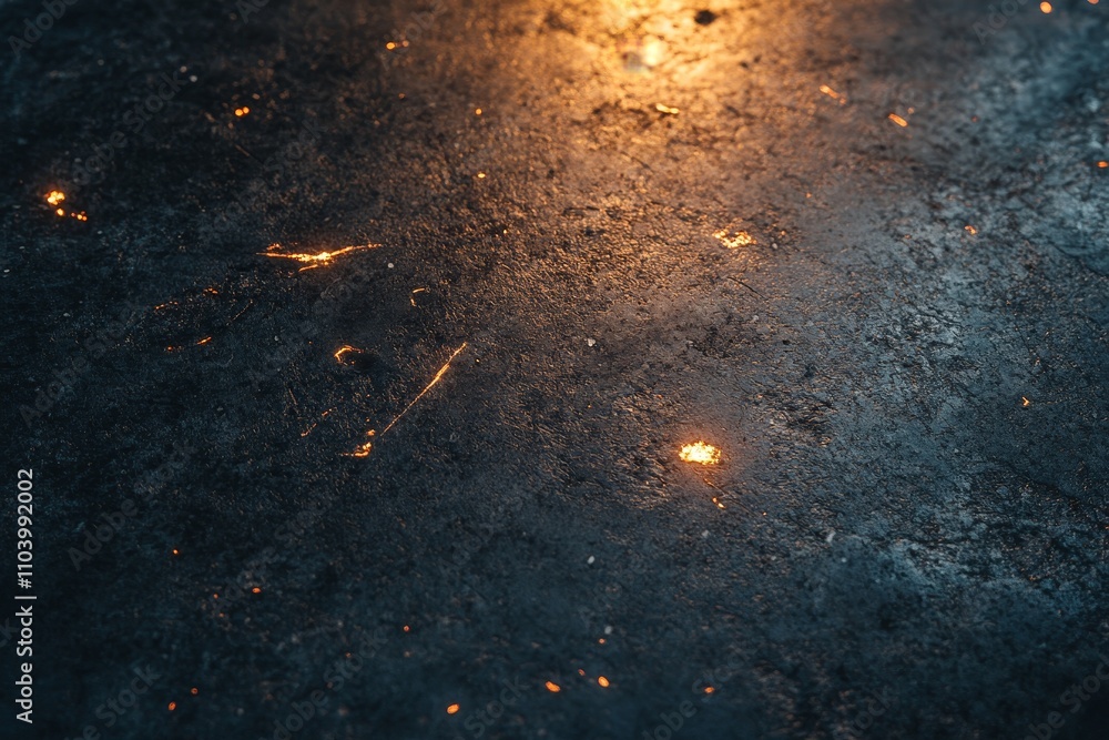 Poster glowing sparkles on a dark metallic background creating an ethereal atmosphere with reflections of l