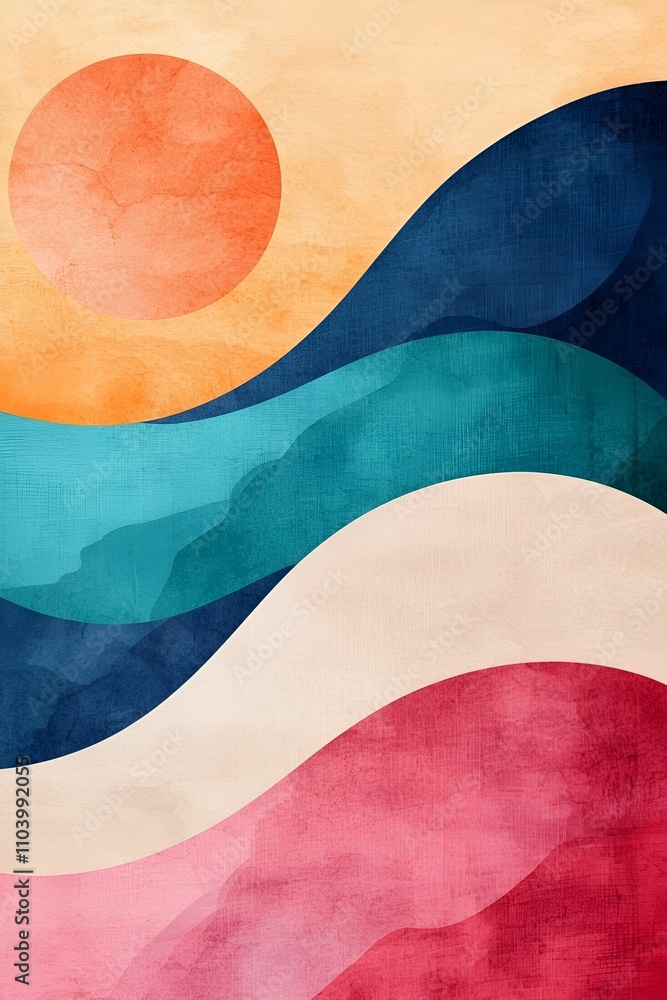 Aufkleber a vibrant abstract design featuring wavy lines in various colors with a large sun, evoking a sense o