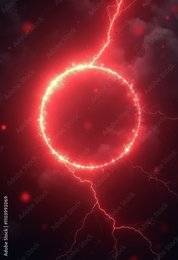 Poster red abstract plasma lightning ring with glowing particles swirling in dark sky fantasy concept art