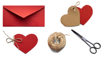 Set for congratulations on Valentine's Day: red envelope, red heart with string, two hearts together, ball of string and vintage scissors on isolated transparent background. With shadow. Top view. PNG