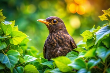Young Blackbird Nestled in Ivy Leaves with Tilt-Shift Effect, Showcasing Nature's Beauty and the Delicate Details of a Charming Garden Scene
