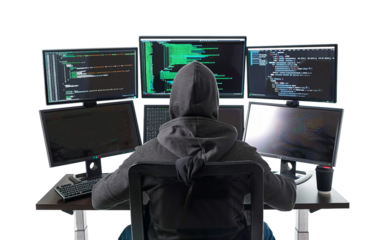 Digital Intruder in Front of Security Monitors Isolated on Transparent Background PNG.