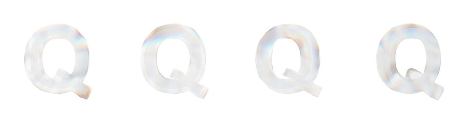 Set of 4 3d letter Q with glass distortion effect isolated on a transparent background. 3d transparent elements for graphic design.