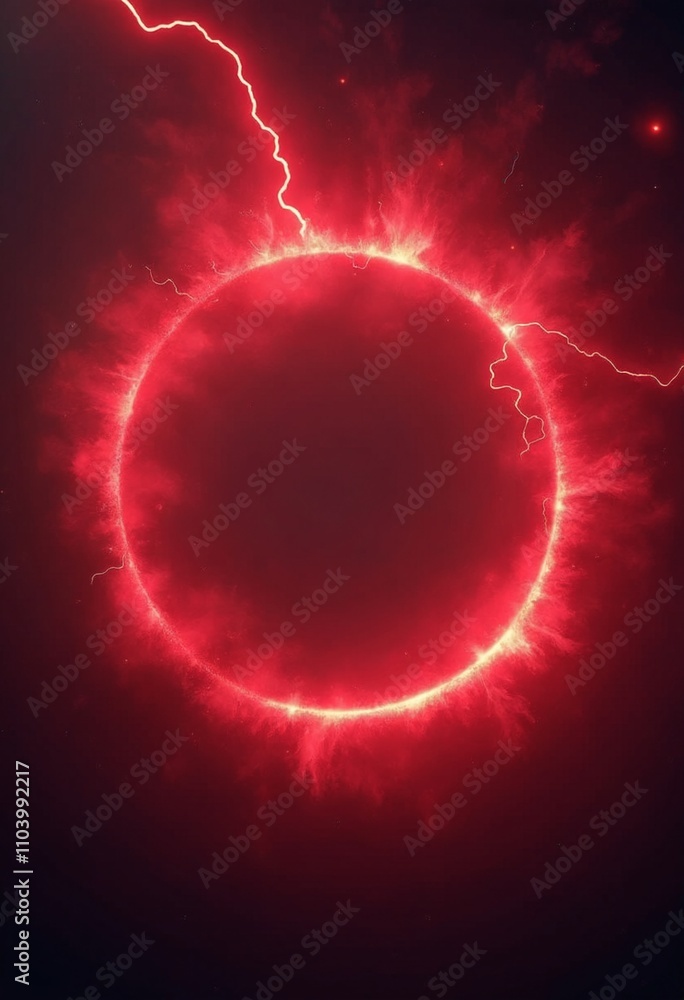 Poster red abstract plasma lightning ring with glowing particles swirling in dark sky fantasy concept art