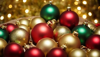 Obraz premium A cluster of Christmas baubles in shiny red, green, and gold, with soft fairy lights wrapped around