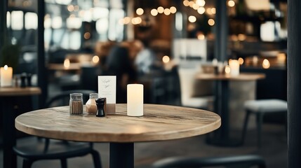 Cozy restaurant interior with wooden tables, warm lighting, and a focus on a table set with a candle, menu, and condiments.