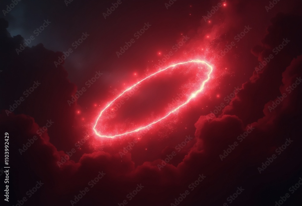 Poster red abstract plasma lightning ring with glowing particles swirling in dark sky fantasy concept art
