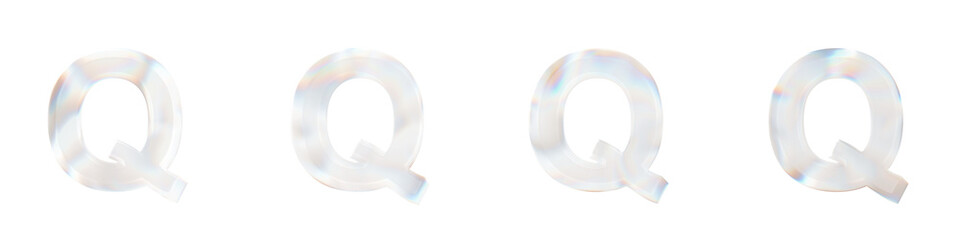 Set of 4 3d letter Q with glass distortion effect isolated on a transparent background. 3d transparent elements for graphic design.