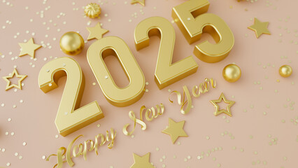 2025 year 3d background. Peach pastel and gold christmas balls background. New Year Christmas holiday templates. 3d rendering illustration not AI