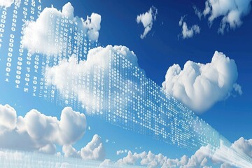A digital cloudscape with binary code flowing through the sky, symbolizing technology and data.