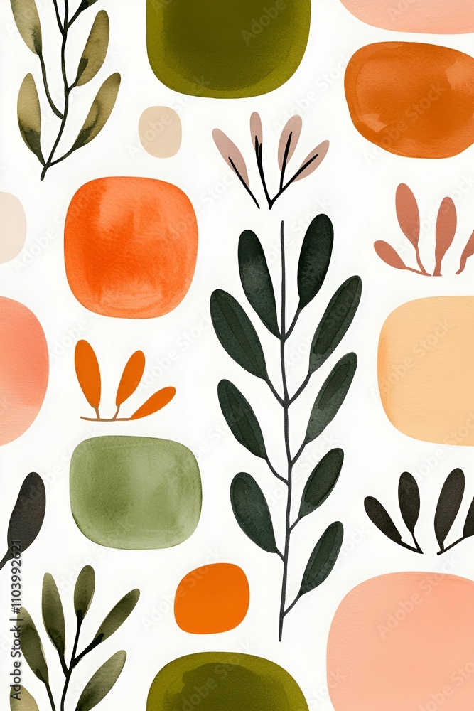 Poster a vibrant, abstract design featuring colorful shapes and leafy patterns, creating a modern, artistic