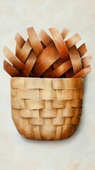 Obraz premium A woven basket filled with golden-brown strips, resembling fries, set against a soft, neutral background.
