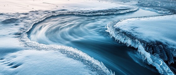 Flowing river surrounded by ice formations in winter landscape at twilight